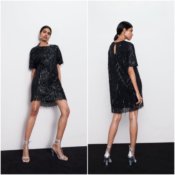 NWT Zara Festive Season black fringed sequin party dress - Picture 2 of 8